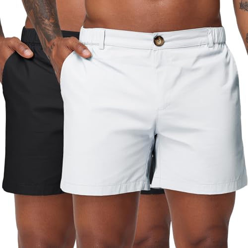 Image of Oymyakon Men's 6 Inch Shorts Casual Cotton Flat Front Chino Shorts Summer Elastic Waist Pull On Short with Pockets