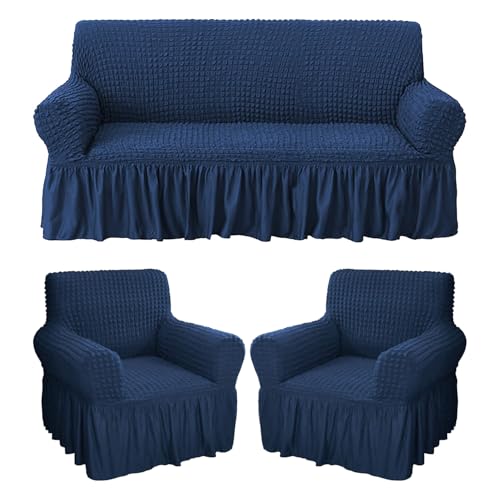 Image of Bails Sofa Cover 5 Seater Fully Covered | Sofa Cover l Shape 7 Seater Fully Covered | Sofa Cover 5 Seater Set | Elastic Bubble Fabric with Frill Sofa Protector Cover (Navy, 5 Seater (3+1+1))