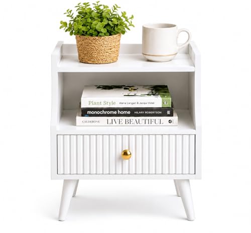 Image of ETIQUETTE ART Modern Fluted Nightstand with Drawer and Open Storage Shelf, Bedside Table with Round Edge, Boho Night Stand with Solid Wood Legs & Knob Handle End Table for Bedroom (White)