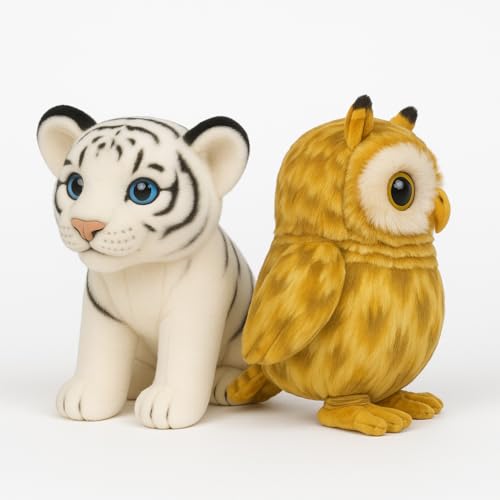 Image of Combo Pack of 2 ? White Tiger Plush Toy (25cm) & Owl Soft Toy (20cm) ? Cute Animal Stuffed Toys for Kids, Birthday Gift