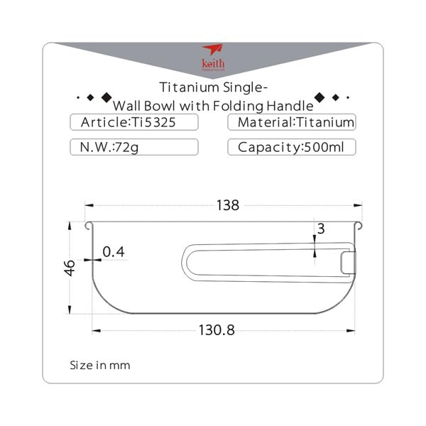 Keith Titanium Ti5325 Ciotola da cucina a parete singola con manico pieghevole, leggera, per campeggio, escursionismo e picnic (500 ml)