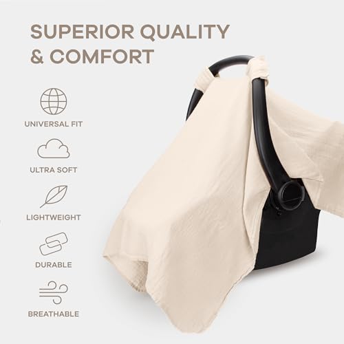 Image of Comfy Cubs Baby Car Seat Cover - Soft, Breathable Bamboo Rayon and Muslin Cotton Blend - Lightweight Canopy for Sun, Bug, and Comfort Protection - Large Size Infant Seat Cover in Sand Design