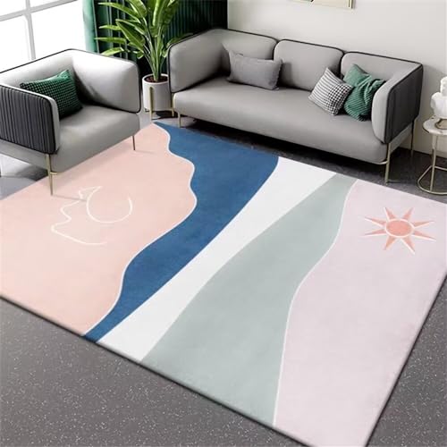Xiaosua Bedruckter Teppich Blau Wohnzimmerteppich Abstrakt Gestreift Geometrisch Waschbar...