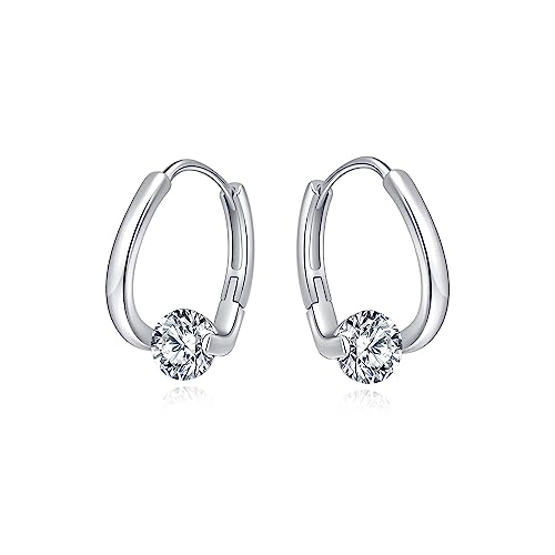 SLUYNZ Solid 925 Sterling Silver Shiny CZ Hoop Earrings for Women Teens 1.6CM Hoop Earrings Unique Oval Hoop Earrings Huggie