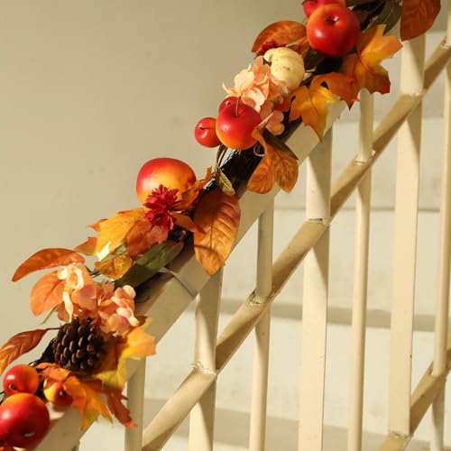 Fall Garland with Pumpkins, Artificial Maple Leaves, Pinecones, Apples &