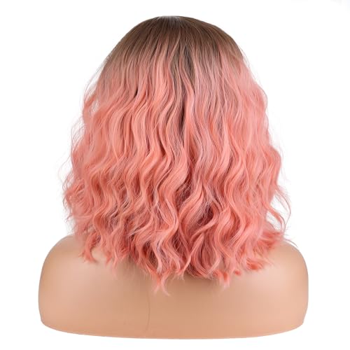 Image of BERON Blonde Ombre Orange Pink Wigs Short Curly Wave Wigs for Women Girls Shoulder Length Wavy Heat Resistant Synthetic Wig Cosplay Costume Party or Daily