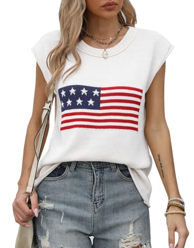 shermie Women's Cap Sleeve Crew Neck Knit Top Summer Lightweight American Flag Sweater Vest