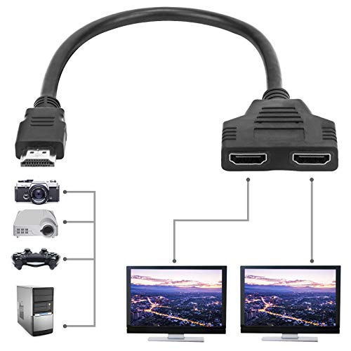HDMI Splitter 1 in 2 Outputs Dual Male to Female HDMI Adapter Cable for Mirrored Display of 1080p Signal on Two Same Size TVs 1 to 2 Way Duplicator Audio and Video Adapter Black