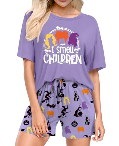 Halloween Pajamas Women Pumpkin Short Sleeve Tops and Shorts Pjs Set Fall Sleepwear Spooky Pajamas