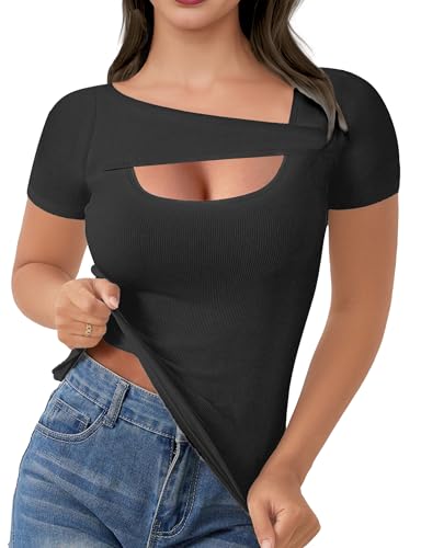 Buauty Womens Cutout Tshirts One Piece Summer Tops Ribbed Slim tees Short Sleeve Fitted Shirt Sexy Fashion Basic Clothes 20254