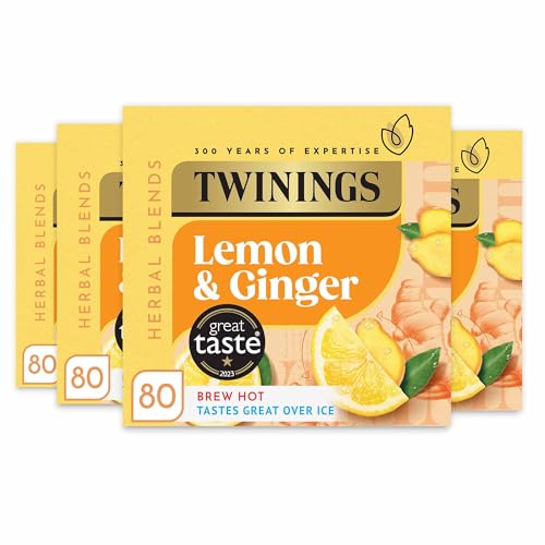 Twinings Lemon and Ginger Flavoured Tea -320 Biodegradable Bags (Multipack of 4 x 80) Caffeine-Free Herbal Tea with Zesty Lemon & Spicy Ginger Flavor Refreshing & Soothing Beverage