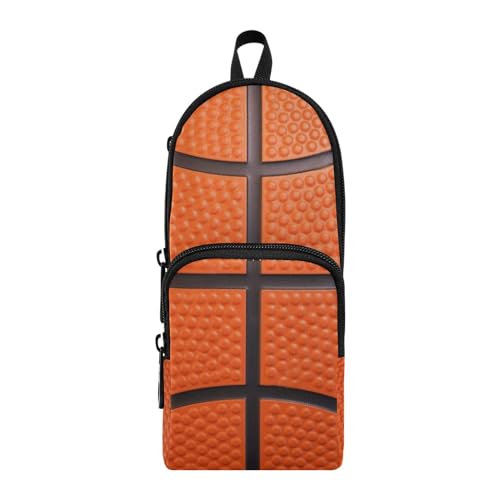 Image of ZAZYXTJ Basketball Texture Standing Large Capacity Pencil Case 3 Compartment Pen Pouch Storage Canvas Makeup Bag for School Office Teen Girl Boy Men Women