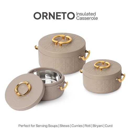 Image of CELLO Ornetto Big Set of 3 Pcs Insulated Steel Casserole Hot Box for Kitchen, Beige (1500ml, 2000ml, 2500ml) | Airtight Hot Pot Case Keeps Food Hot & Warm, Casserole Set for Roti Chapati Rice Biryani