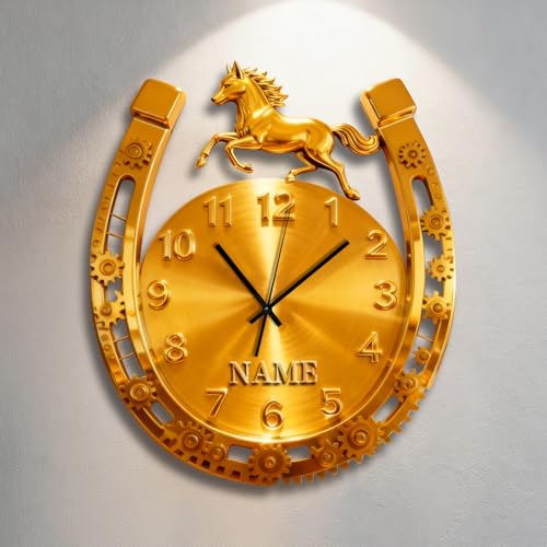 Horloge murale personnalisée en forme de fer à cheval avec nom personnalisé - Décoration murale 2D pour maison, chambre à coucher, salon, cadeau...