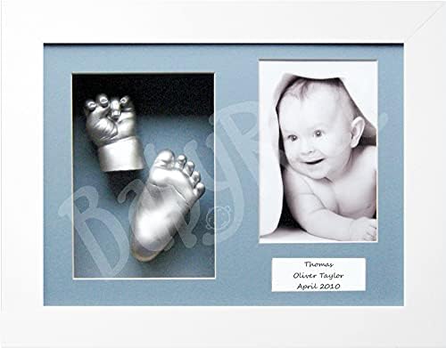 Baby Casting Kit with White 12×9″ Shadow Box Display Frame, Silver Paint for Hand, Foot Casts by BabyRice (Blue/Blue)