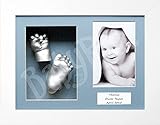 BabyRice Baby Casting Kit with White 12x9 Shadow Box Display Frame, Silver Paint for Hand, Foot Casts (Blue/Blue)