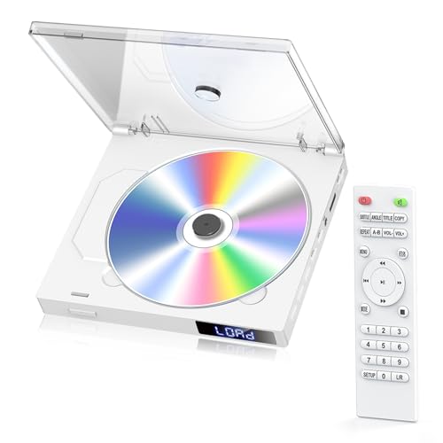 Mini Lecteur DVD Blanc pour la Maison, 1080p Full HD Lecteur DVD TV, sans région, Lecture à mémoire, Support USB, télécommande, câble HDMI/RCA Inclus