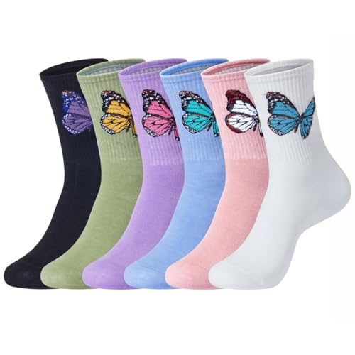 Image of Womens Striped Crew Socks, Cute Vintage Retro Mid Calf Boot Socks for Women Ladies 5 /6 Pairs, Size 5-10