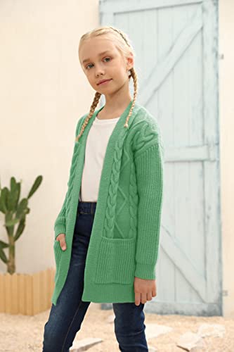 Image of Ermonn Girls Kids Open Front Cardigans Sweaters Long Sleeve Knit Cute Sweater Outwears with Pockets for 5-14 Years Green