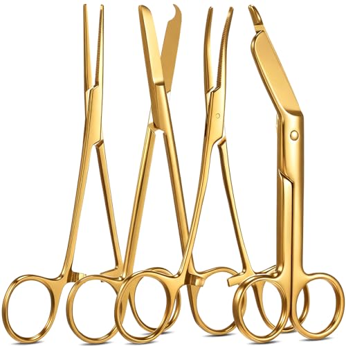 Image of BBTO Hemostat Curved and Straight Hemostat Forceps Piercing Pliers Forceps, Stainless Steel Straight and Curved Pliers, Fishing Tweezer(Gold,4 Pcs)
