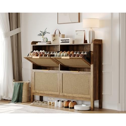 Garvee Farmhouse Rattan Shoe Cabinet, 47 Inch Boho Shoes Organizer with 4 Flip Drawers, Freestanding Narrow Shoe Rack for Entryway with Hidden Golden