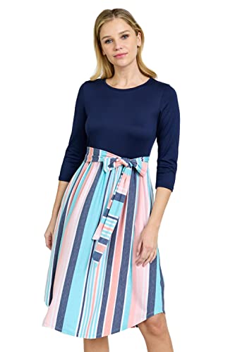 Image of Eloges Women's 3 /4 Sleeve Contrast Waist Band Floral Curved Hem Midi Dress