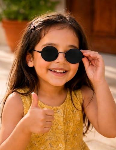 Image of BookMyCostume Kids Round Black Sunglasses - Circular Sunshades for Boys and Girls - Fashion Summer Outdoor Eyewear Accessory for Birthday, Photo Shoots, and Fancy Dress | Aged 2 to 8 Years