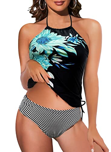 Rayson Mujer Tankini 2 Piezas con Cordón Ropa de baño Push up Set Cabestro Tankini Traje de baño Verano Beachwear(Negro y Rayas Florales Verdes,M)