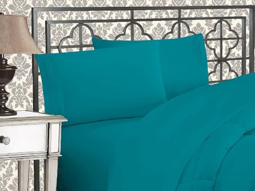 Elegant Comfort Luxurious 1500 Premium Hotel Quality Microfiber Three Line Embroidered Softest 5-Piece Bed Sheet Set, Wrinkle and Fade Resistant, Split King, Turquoise