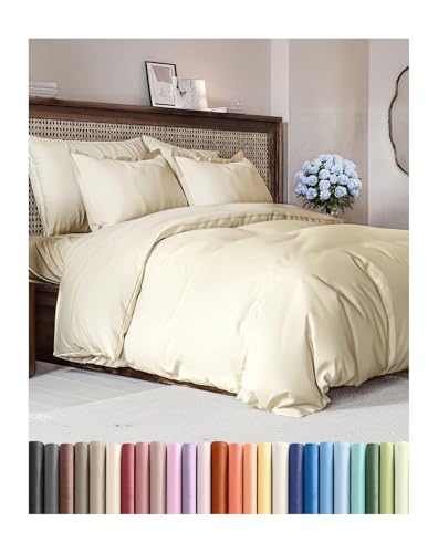 Image of Duvet Cover King Size - Soft 3 Piece Set with Zipper Closure - Off White | Extra Soft King Duvet Cover 104 inch x 90 inch with 2 Pillow Shams, Hotel Luxury w / Zipper Closures & Ties, Comfy & Breathable, Comfy