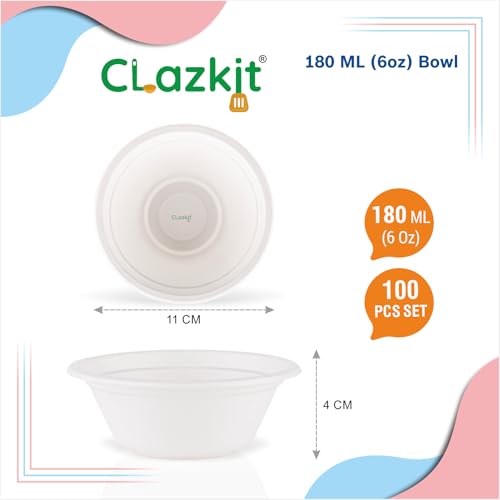 Image of Clazkit 180 Ml, 100-Pack Round Compostable Bagasse Bowls | Disposable Eco-Friendly Biodegradable Dinner| Party, Wedding, Event