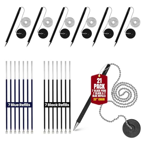 Uwaomah Secure Pen with Adhesive Pen Chain Holder 23-Inch Chain (21 Pieces) | 7 Black Pens with 7 Black & 7 Blue Refills | Counter Pens with Chain & Base | Ideal for Office, Reception & Public Spaces