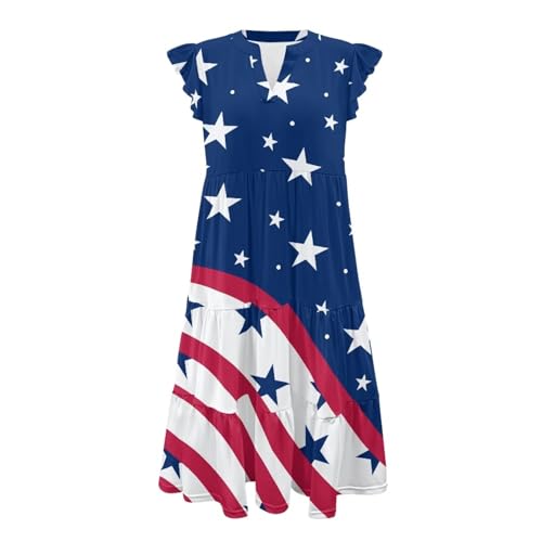 Image of Women's Casual Ruffle Sleeve Dress V Neck Pullover Dress Flowy A-Line Pleated Lightweight Dress with Pockets