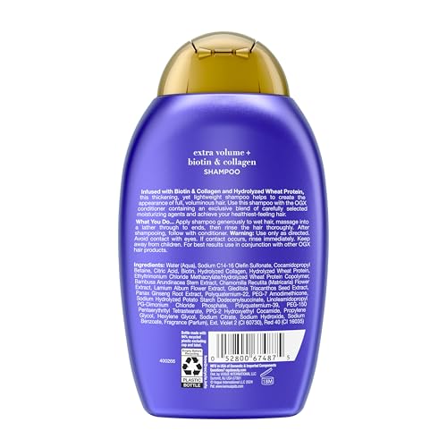 Image of OGX Thick & Full + Biotin & Collagen Extra Strength Volumizing Shampoo with Vitamin B7 & Hydrolyzed Wheat Protein for Fine Hair. Sulfate-Free Surfactants for Thicker, Fuller Hair, 13 fl oz