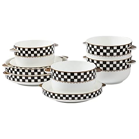 Porlien Checkered 8-Piece Plates and Bowls Set for 2 with Handles, Dessert/Cereal Bowls & Salad/Soup/Dessert Plates, Round Dinnerware Set with Handles Cover