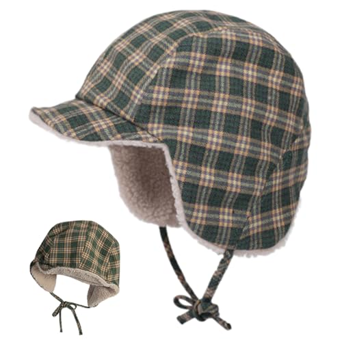 XVHOAB 1PC Winter Hat with Ear Flaps, Plaid Soft Warm Windproof Beanie, Knit Skull Cap Reversible for Women Men Outdoor