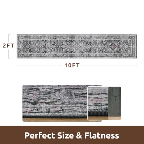 AMOAMI-2X10 Runner Rug-Washable Runners for Hallways-Soft Non Slip Bedside Rugs for Bedroom-Vintage Long Rug for Hallways Entryway Laundry Room Stair Kitchen Bathroom Dark Grey & Black