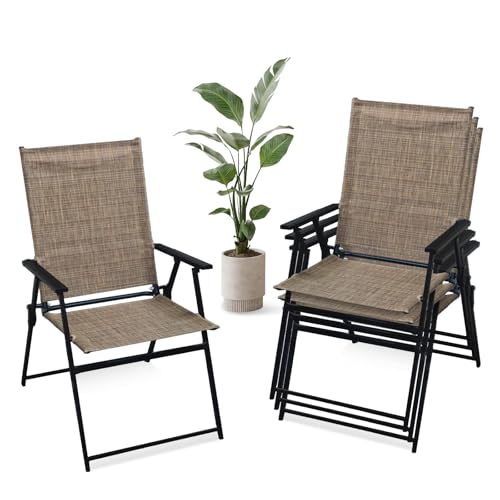 YLGJ&TIDY Folding Outdoor Chair Set of 4 Stackable Outdoor Dining Chair with Armrests Backrest Portable Folding Patio Chairs for Garden Camping Fishing Yard Lawn，No Assembly (Brown, 4 Pcs)