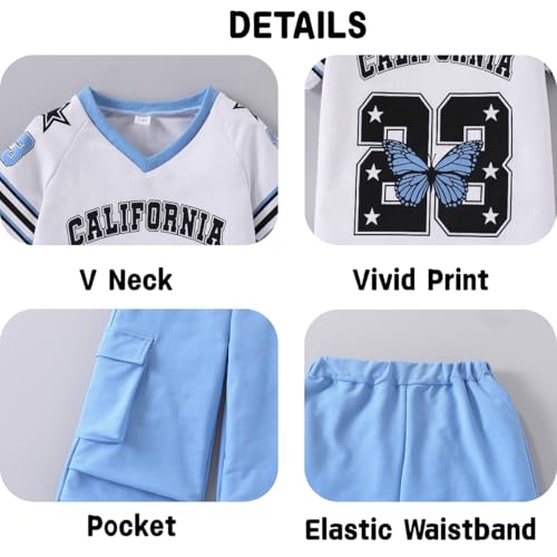 Image of Tween Girls Clothes Short Sleeve Graphic T-Shirt Top + Cargo Pants 2pcs Outfit Set, Size 7-15Years