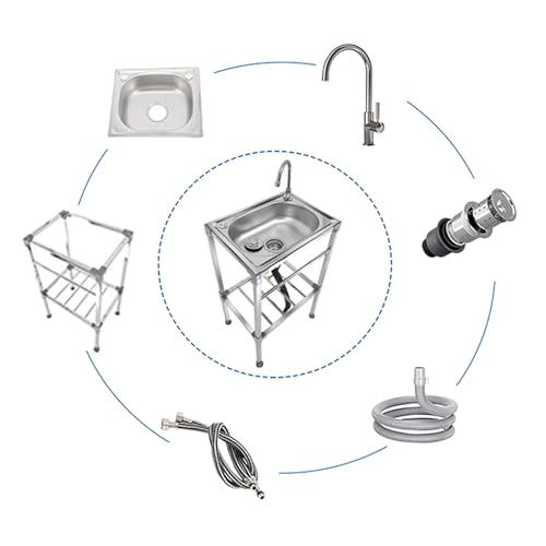 Évier Sur Pieds de Cuisine en Acier Inox 1 Bac Évier De Jardin Extérieur Lavabo Multifonctionnel Commercial Utilitaire avec Robinet Pivotant,pour Garage,Blanchisserie – Image 5