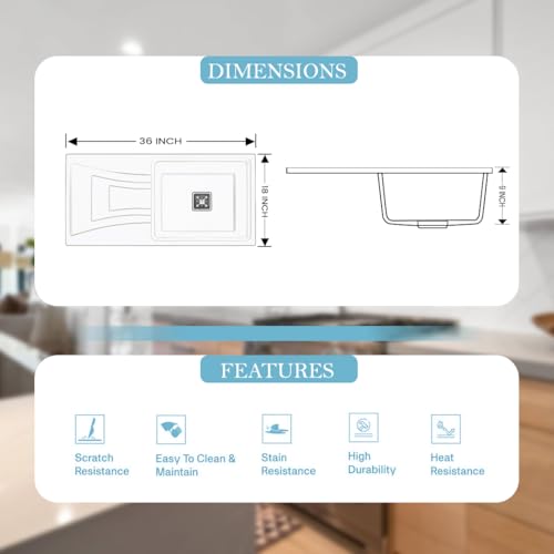 Image of ARQUIN Quartz Kitchen Sink with Drainboard 36x18x9 Inch Grey Granite sink for kitchen basin, UV Protected, Undermount | Topmount Noise Reducing