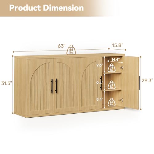 Image of MapleGrace 63 inch Fluted Buffet Cabinet, Oak Credenza with Adjustable Shelf