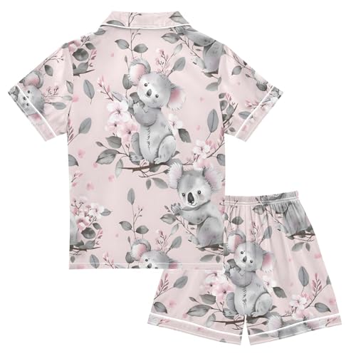 ALAZA Cute Koala Blossom Leaf Pajamas Satin Pajama Set Short Sleeve Button Down Sleepwear2