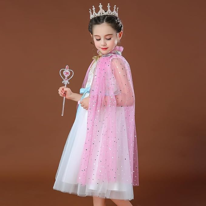 Image of Princess Cape for Girls - Colorful Sequin Cloak with Crown and Wand for Birthday, Halloween, Fancy Dress & Carnival