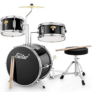Eastar 14 inch Kids Drum Set Real 3 Pieces with Throne, Cymbal, Pedal & Drumsticks,Mirror all black (EDS-180AB)