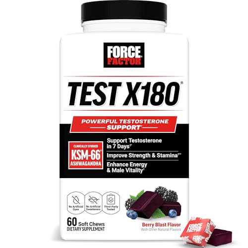 Force Factor Test X180 Testosterone Support for Men with Clinically Studied KSM-66 Ashwagandha Boron Vitamin D & Zinc Support Testosterone & Performance Berry Blast 60 Soft Chews