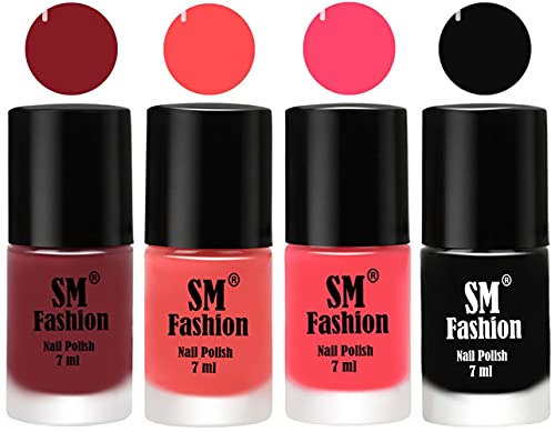 Image of Nail Polish Combo Set (Pack of 4) Quick Dry Gel Finish Nail Paint | Plum,Peach Pink,Pink,Black | 7 ml Each