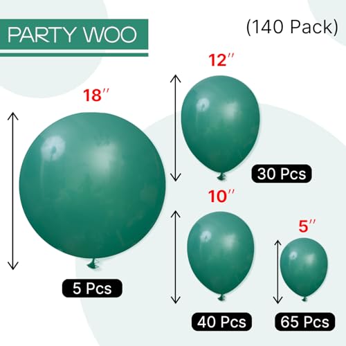 Image of PartyWoo Dark Green Balloons 140pcs Different Sizes Pack of 18 12 10 5 Inch Emerald Hunter Forest Green Boho Neutral Balloon Arch Kit for Jungle Dinosaur Theme Birthday Party Decorations Green-F14
