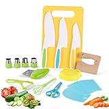 【Functional kids kitchen knife set】 Kids knife set for real cooking includes 3 * serrated edges plastic toddler knives, 1 * crinkle cutter, 3 * fruit cutters(orange is bear, green is rabbit, red is strawberry), 1 * Y peeler, 1 * cutting board. Perfec...