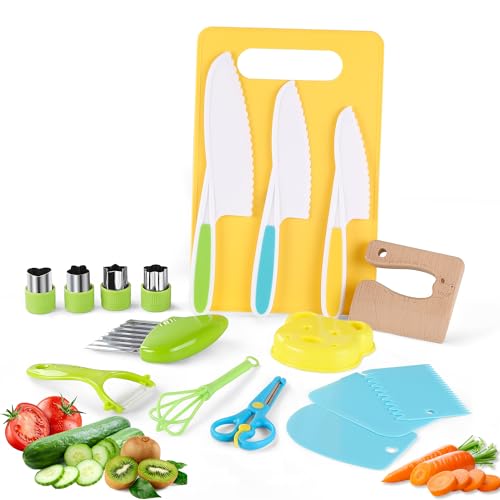 16PCS Montessori Kitchen Tools Cookware Baking Toy, Toddler Baking Set for Real Cooking includes 3 Serrated Edges Plastic Toddler Knives, Cutting Board, Y Peeler, Egg Beater, Toddler Food Picks